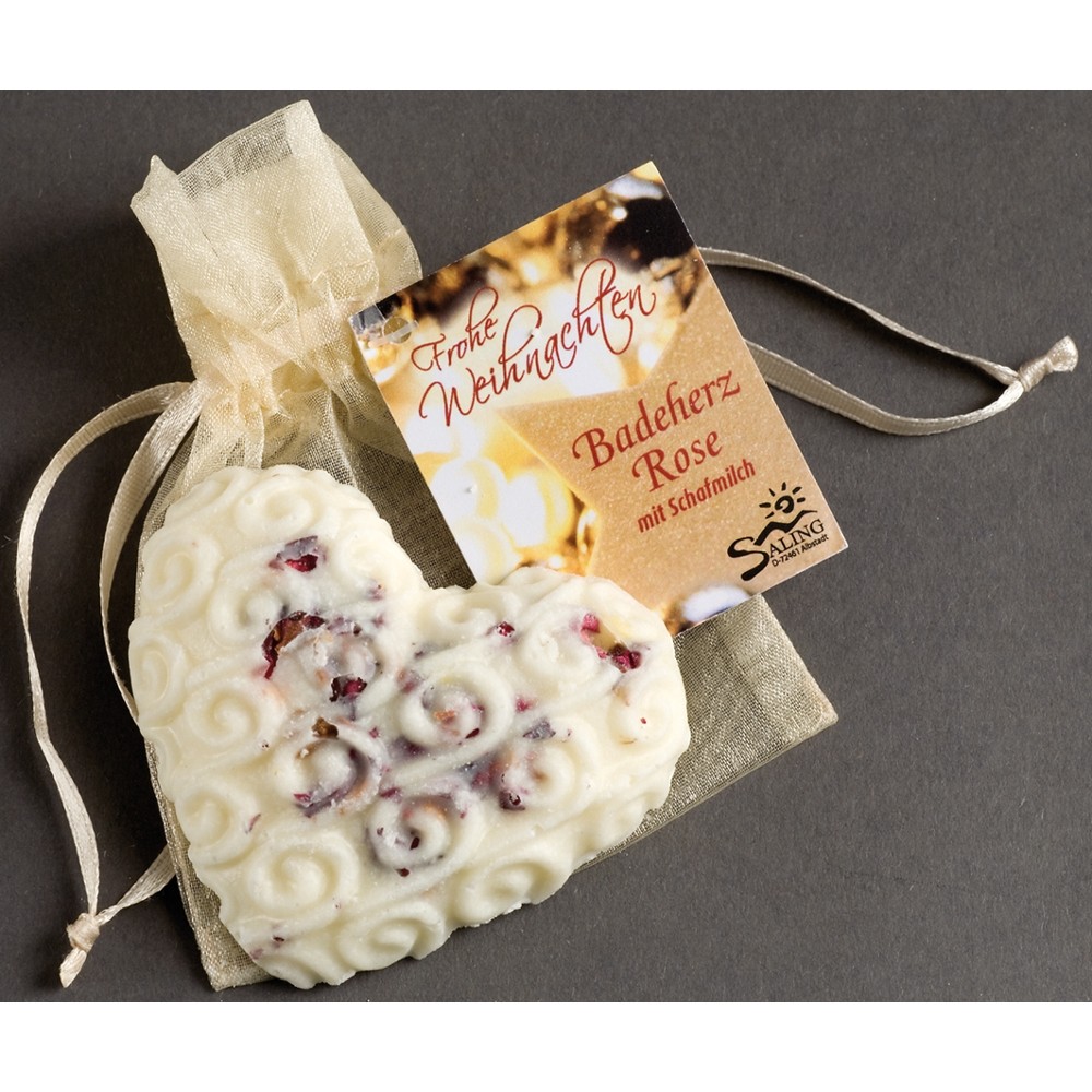 Badeherz Rose im Organzasäckchen "Frohe Weihnachten" // Saling