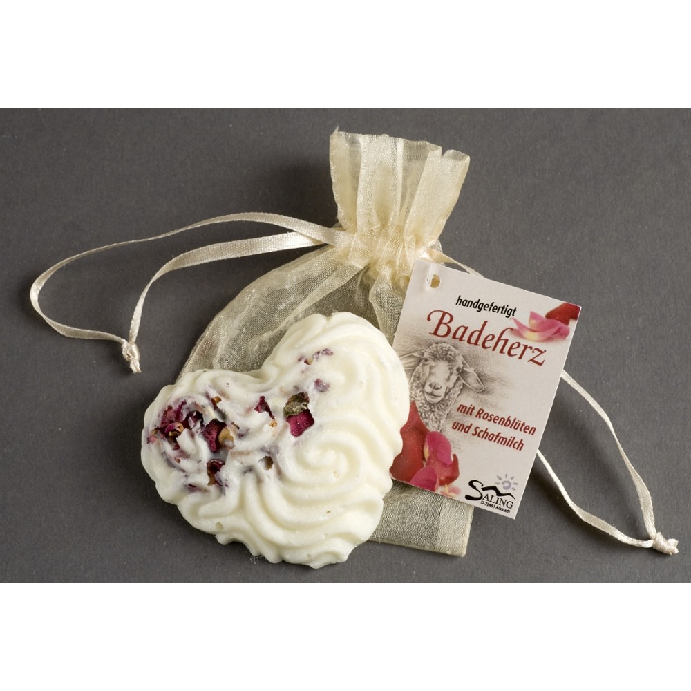 Badeherz Rose mit Schafmilch und Rosenblütenblättern im Organzasäckchen // Saling