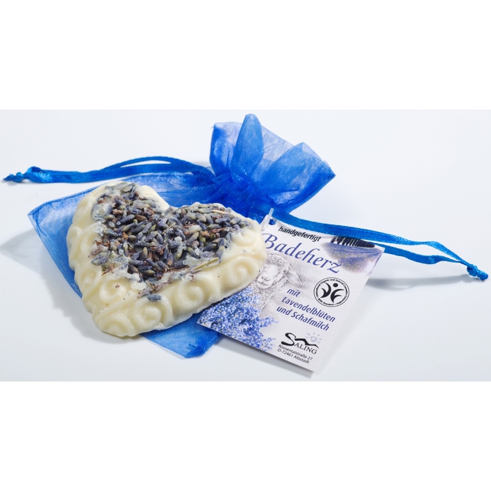 Badeherz Lavendel mit Schafmilch und Lavendelblüten im Organzasäckchen // Saling