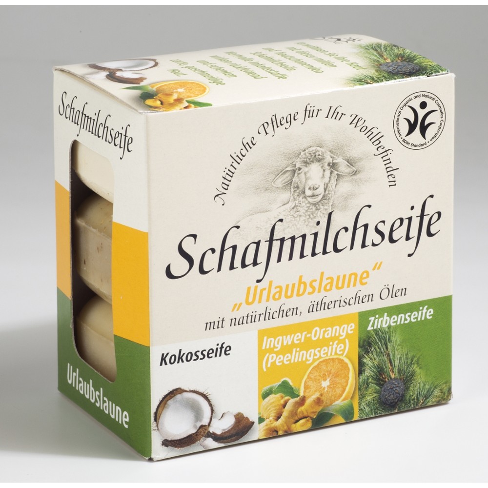 Geschenkverpackung 3er Set Schafmilchseife "Urlaubslaune" // Saling