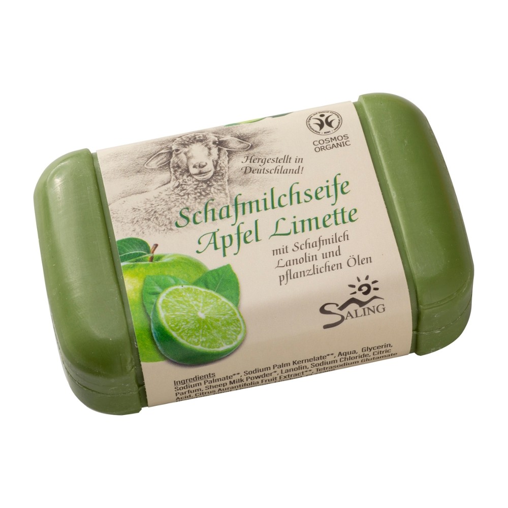 Schafmilchseife Apfel-Limette mit Banderole, cosmos organic zertifiziert // Saling