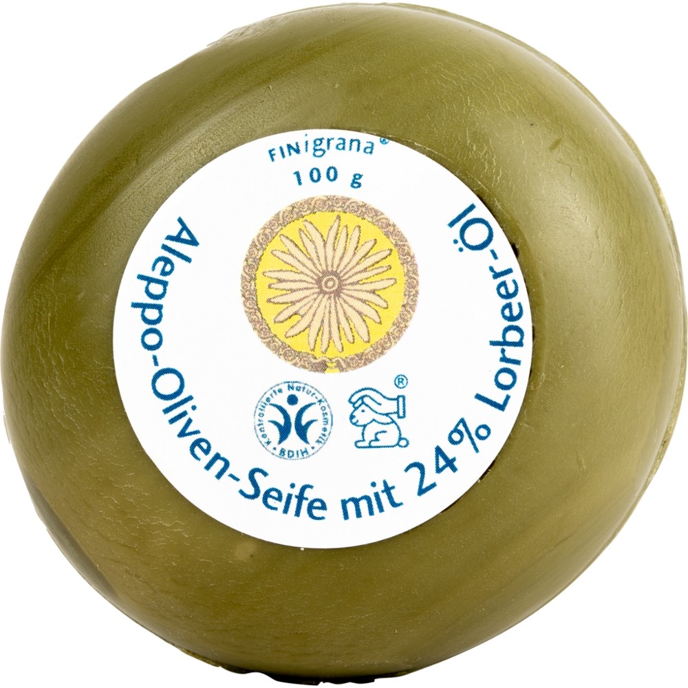 Aleppo Olivenseife mit 24% Lorbeeröl, 100g rund, antiseptisch für alle Hauttypen // FINigrana® Naturkosmetik