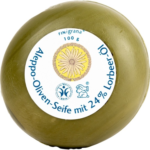 [307458] Aleppo Olivenseife mit 24% Lorbeeröl, 100g rund, antiseptisch für alle Hauttypen // FINigrana® Naturkosmetik