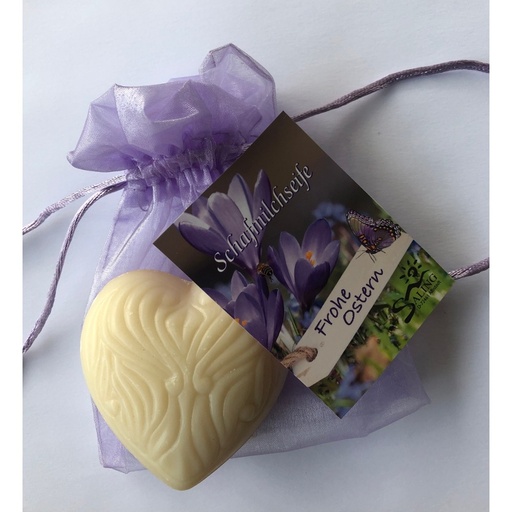 [401299] Schafmilchseife "Frohe Ostern" Herz natur im Organza // Saling